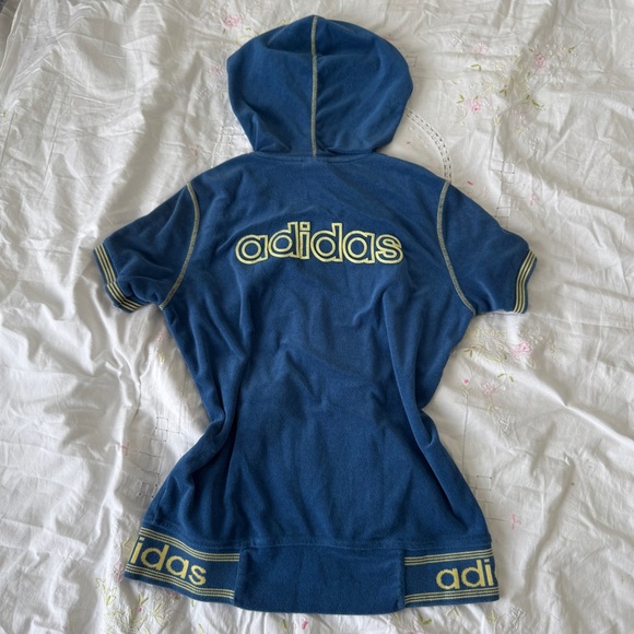 adidas Tops - RARE Adidas Blue Hooded Terry Cloth Sweater with Yellow Accents